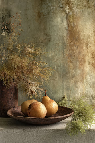 Silent Harvest – A Serene Painting of Pears and Moss