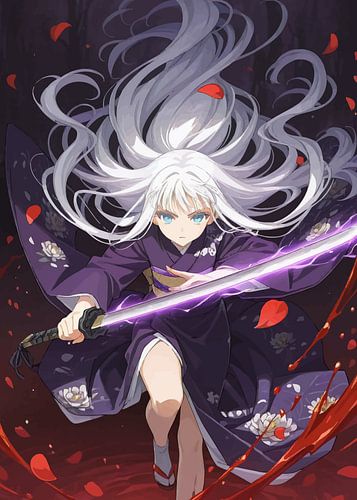 Vrouwelijke samoerai met zilver haar die Katana 2 vasthoudt