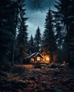 Huis in het bos van fernlichtsicht