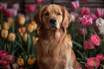 hond tussen de tulpen van Egon Zitter