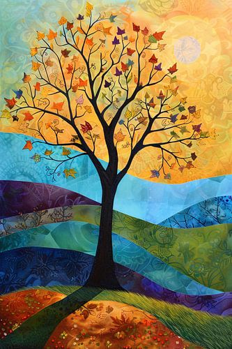 Paysage d'automne surréaliste avec arbre coloré