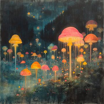 Neon Paddenstoelen | Midnight Mycelium Voyage van Kunst Kriebels