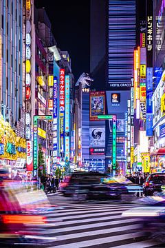 As night falls in Tokyo - Shinjuku neon lights under the watchful eye of Godzilla by Angelique van Esch