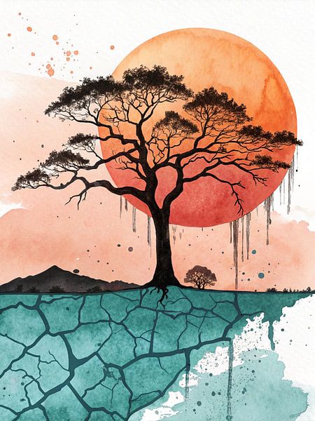 Les racines de la résilience : Un arbre solitaire contre le soleil brûlant sur une terre fissurée par Artistic
