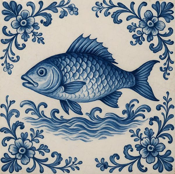 Delfter Blau Fliese Fisch von FoXo Art