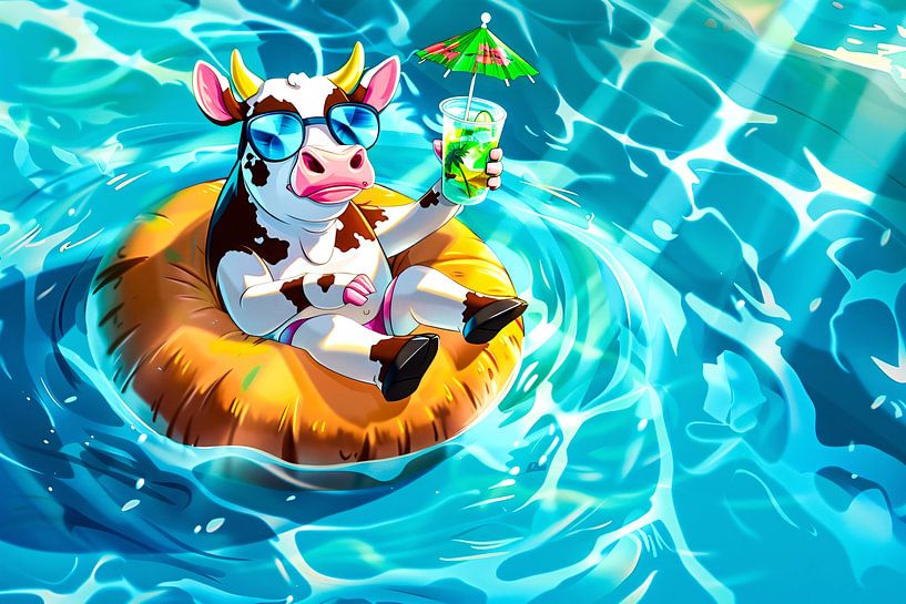 Cow in pool with sunglasses by Art & Soul Creations