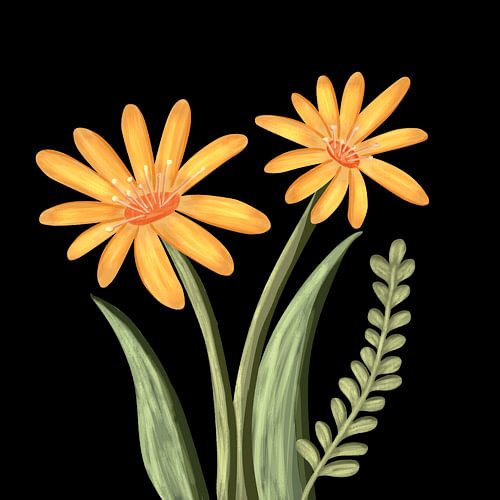 Aquarel oranje madeliefje bloemen met groene bladeren geïsoleerd op zwarte achtergrond