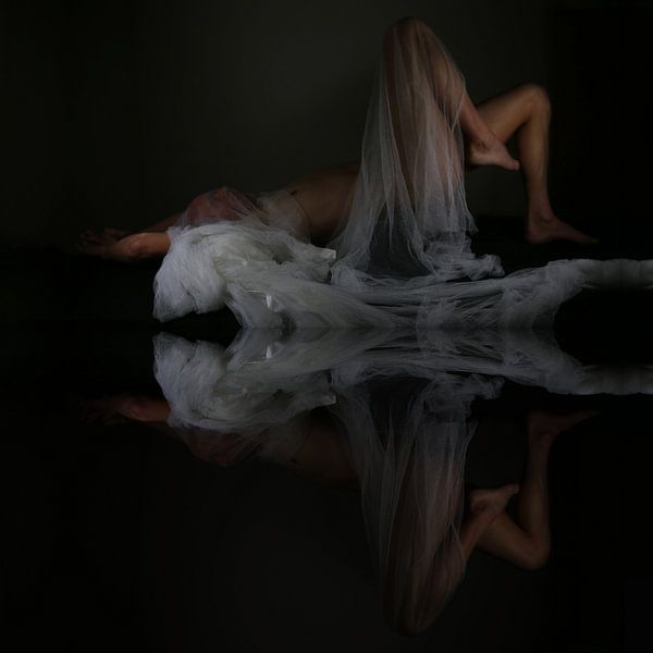 Naked man with mirroring and mosquito net. Title: reflection of the soul by Cor Heijnen