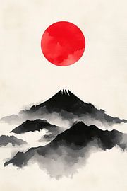 Paysage de montagne avec soleil rouge sur Poster Art Shop