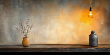 Minimalistischer Stillleben-Tisch mit Glühbirnen-Leinwand