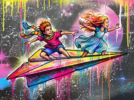 GalaxySurfing Kinder im urbanen Pop Art Bankystil coole Universum Graffiti Streetart von Sarah Valentino