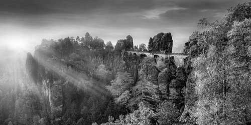 Sunrise at the Bastei in Saxony. Black and white image.