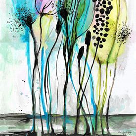 Lijntekening van veldbloemen in pastelkleuren. van Ineke de Rijk