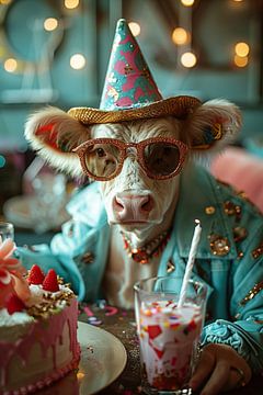 Grappige verjaardag met koe in jaren 60 disco mode van Felix Brönnimann