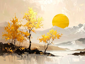 Stimmungsvolle Japandi-Landschaft mit untergehender Sonne