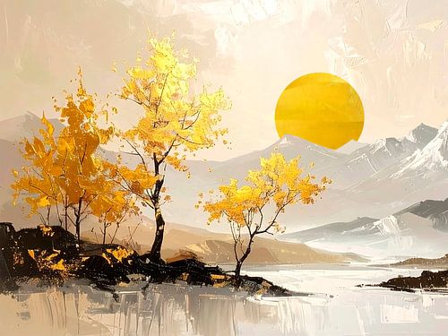 Sfeervol Japandi landschap met ondergaande zon