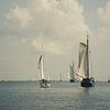 Zeilboten bij Zierikzee op het IJsselmeer met blauwe lucht en wolken van Angeline Dobber
