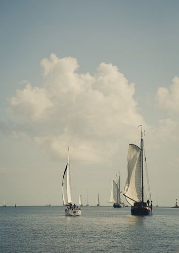 Zeilboten bij Zierikzee op het IJsselmeer met blauwe lucht en wolken van Angeline Dobber