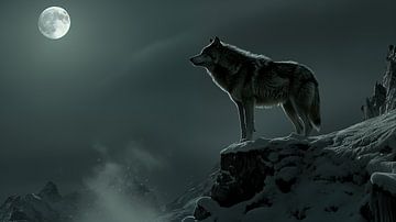 Wolf auf einem Berg Mondscheinpanorama von TheXclusive Art