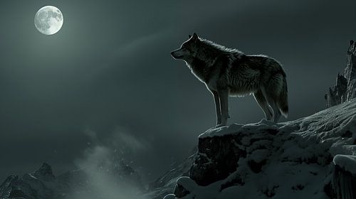 Wolf op een berg maanlicht panorama
