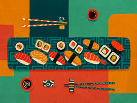 Sushi-Illustration für eine moderne Küche mit Vintage-Akzenten von Studio Pieternel