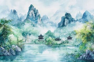 Zarte Berglandschaft im Nebel von Poster Art Shop