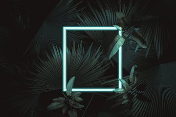 Square frame in neon light surrounded by tropical plants by Besa Art