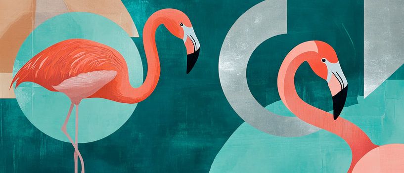 Flamingos in front of a geometric background by Poster Art Shop