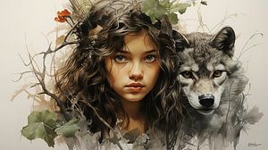 Zeichnung eines Mädchens mit einem Wolf