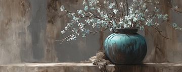 Turquoise Vase with Blossoms van Blikvanger Schilderijen