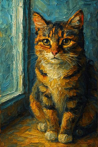 In het raamlicht (schilderij dikke verf kat bij het raam huisdier warm portret)