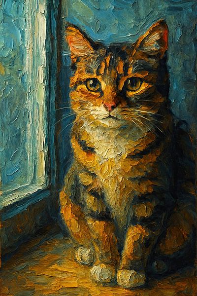 Im Fensterlicht (Malerei dicke Farbe Katze am Fenster Haustier warmes Porträt) von Natalie Bruns