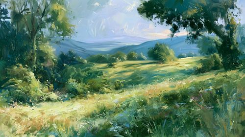 Le souffle de la vallée | Paysage impressionniste | Vert tendre et bleu