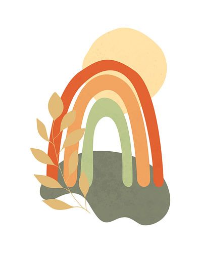 Minimalistisch landschap met een regenboog in drie kleuren