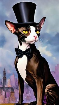 Decent Sphynx cat with top hat and bow tie by Maud De Vries