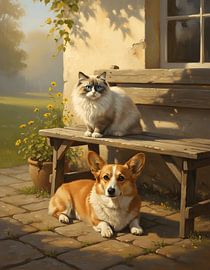 Loyal Dog Resting Beside the Rustic Bench by Regan Frederick