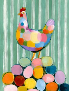 Buntes Huhn auf Ostereiern