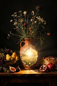 Stilleben mit zerbrochener Vase und Blumenlandschaft