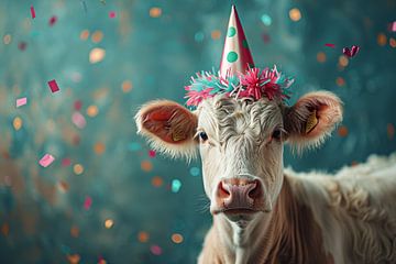 Grappige koe viert verjaardag met taart en kaarsjes van Felix Brönnimann