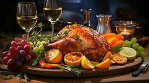 Truthahnbraten auf einem Holztisch mit Rotwein zum Erntedankfest