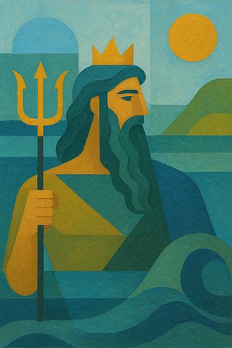 Poseidon Griekse god, een geometrisch schilderij.