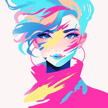 Vrouwelijk portret in felle kleuren – neon popart kunstwerk voor je muur van Karina Brouwer