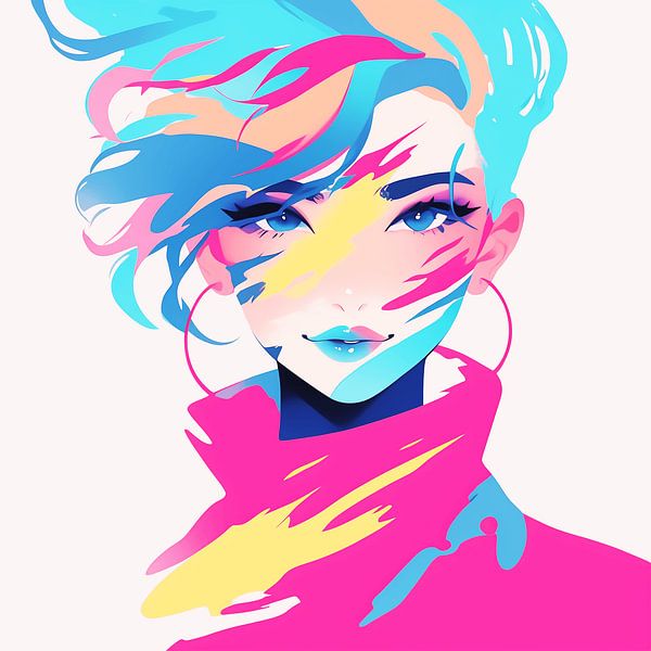 Vrouwelijk portret in felle kleuren – neon popart kunstwerk voor je muur van Karina Brouwer