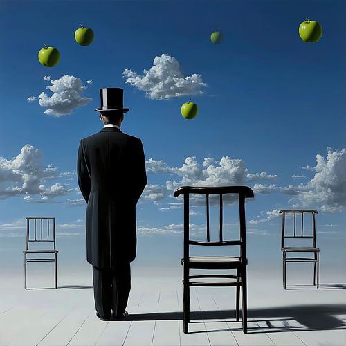 surrealisme man in smoking met zwevende appels