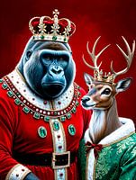 Gorillakoning als kerstman met koninklijk rendier