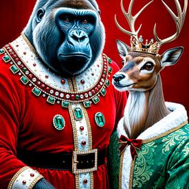 Gorilla-König als Weihnachtsmann mit königlichen Rentier von Liona Toussaint