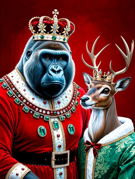 Gorilla-König als Weihnachtsmann mit königlichen Rentier von Liona Toussaint