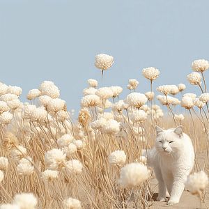 Weiße Katze im Droogveld | Sommerliche Katzenkunst in Creme und Hellblau