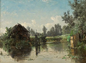 Paysage de maisons en bois abandonnées de Carlos de Haes au bord de la rivière, paysage antique