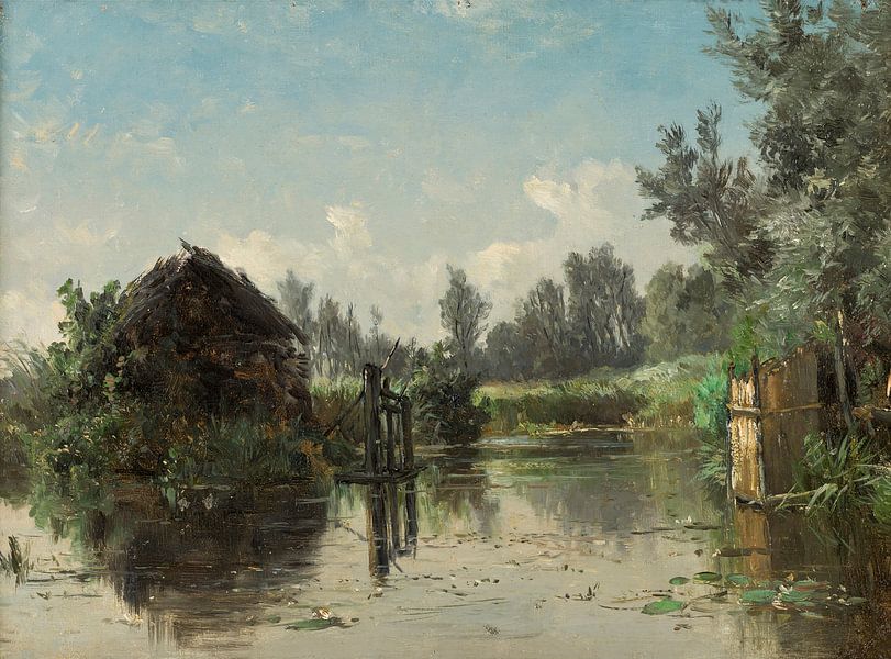 Paysage de maisons en bois abandonnées de Carlos de Haes au bord de la rivière, paysage antique par finemasterpiece